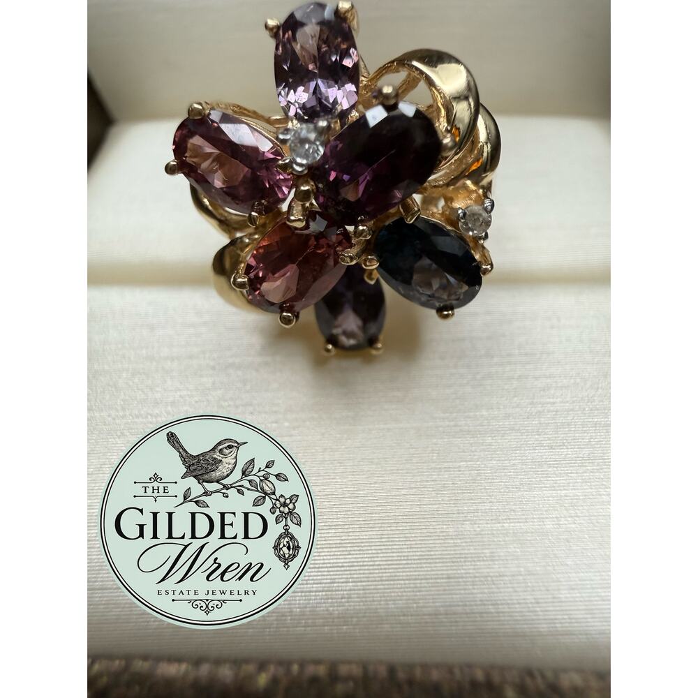 Vintage 14K Gold Multicolor Spinel Sapphire Cocktail Ring Mid Century Sz 6.75 - Picture 9 of 16